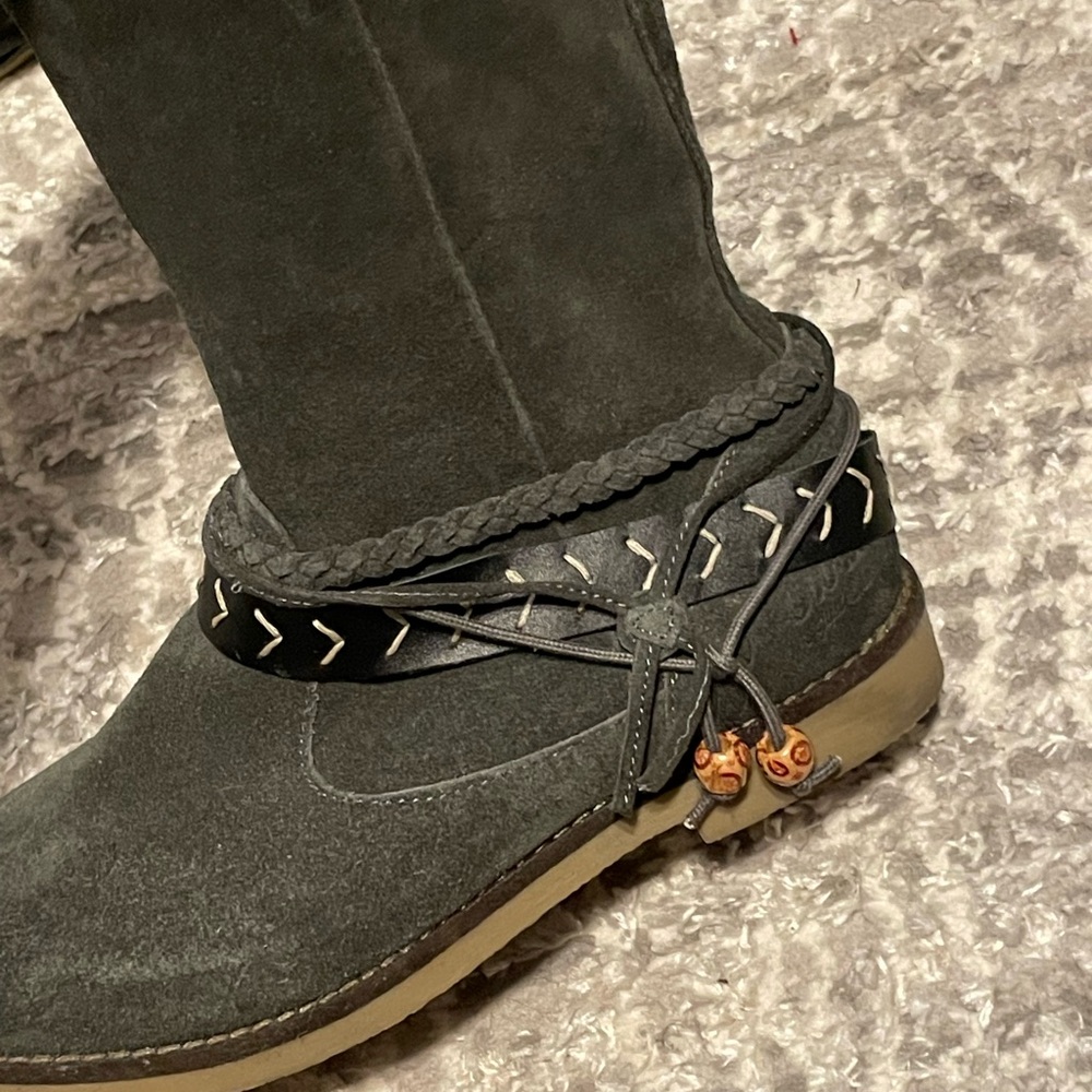 Anthropologie Coolway Gray Moccasin Boots with Black Accents